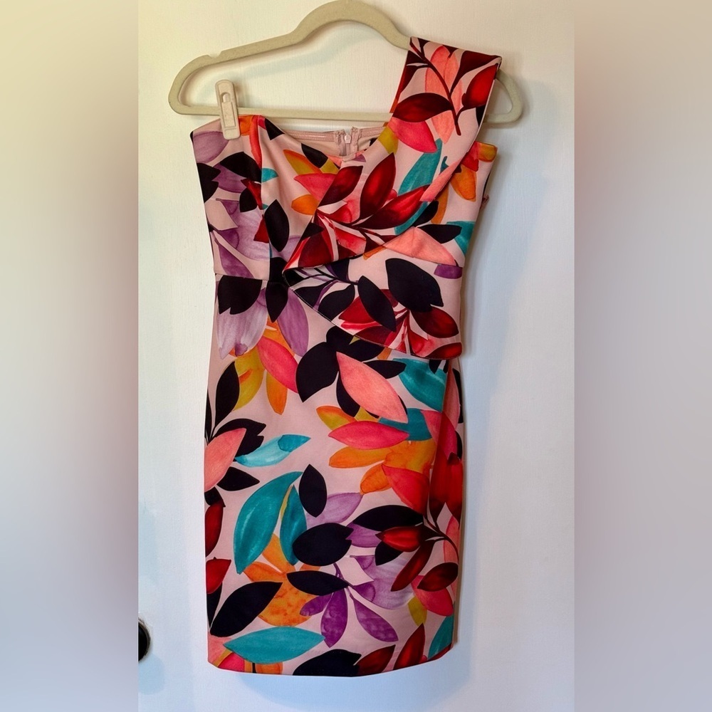 Alexia Admor Victoria One Shoulder Ruffle Pink Tropical Party Mini Dress- Size 8 - Picture 9 of 10